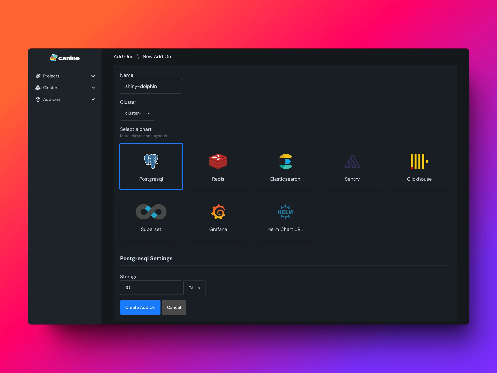 Canine add-ons dashboard showing open source integrations