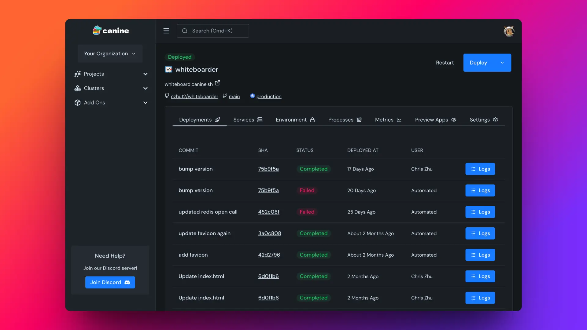 Canine deployment dashboard showing application management